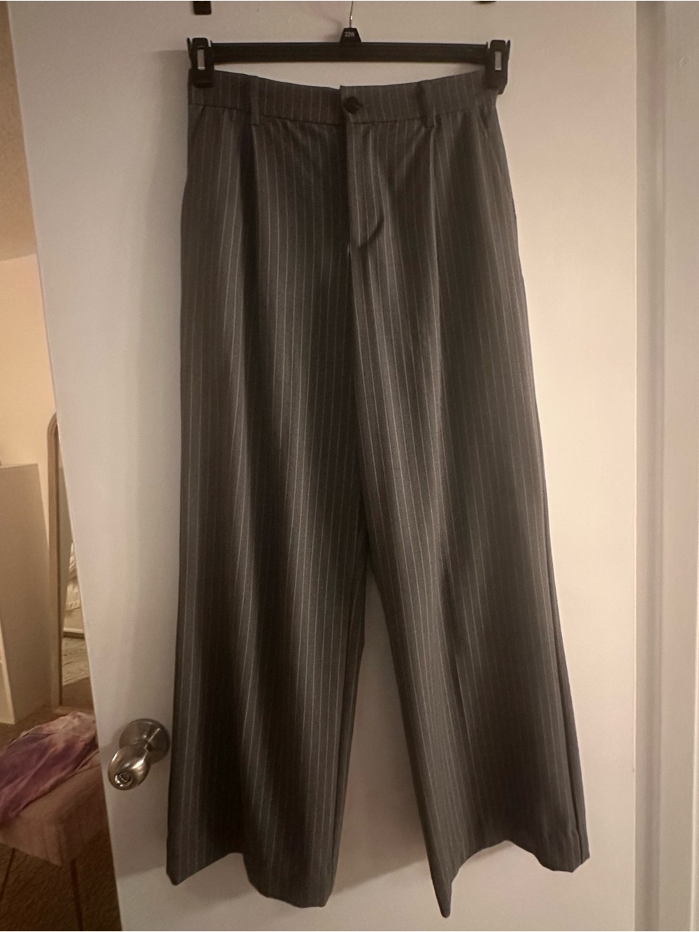 Gray Pinstripe Wide-Leg Dress Pants